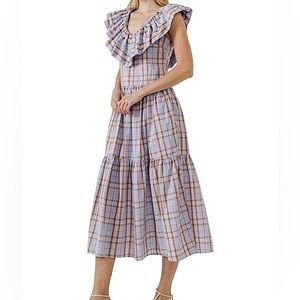 NWT English Factory plaid midi with Ruffle neckline purple